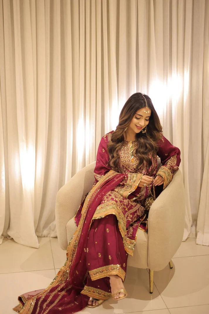 03-Piece Embroidered Silk Suit With Net Dupatta | Ready To Wear