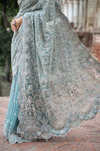 Ice Blue - Net Saree With Heavy Embroidery | Ready To Wear