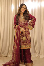 03-Piece Embroidered Silk Suit With Net Dupatta | Ready To Wear