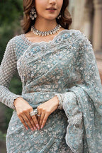 Ice Blue - Net Saree With Heavy Embroidery | Ready To Wear